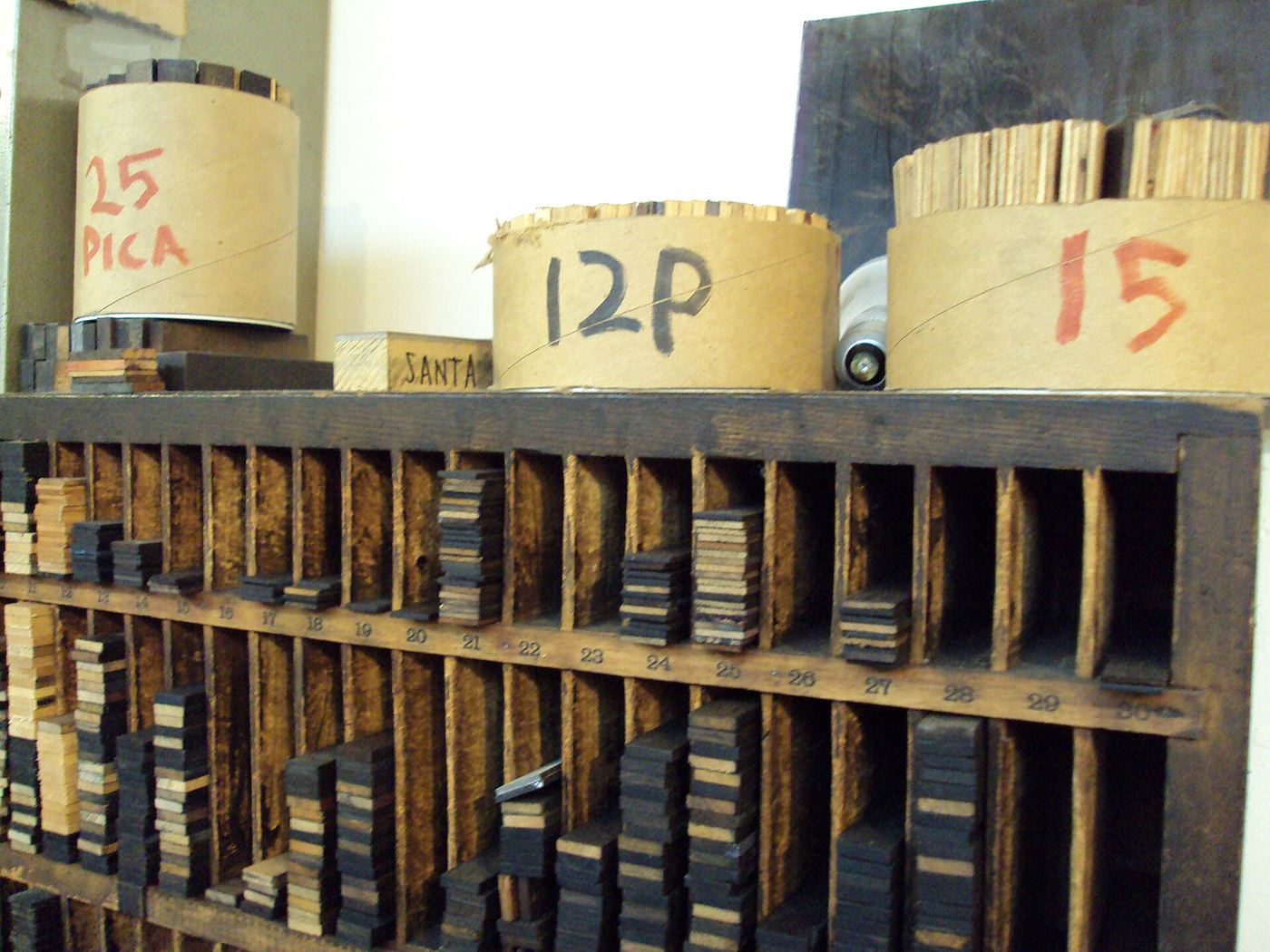 Letterpress cabinet filled with wooden reglets and spacing material