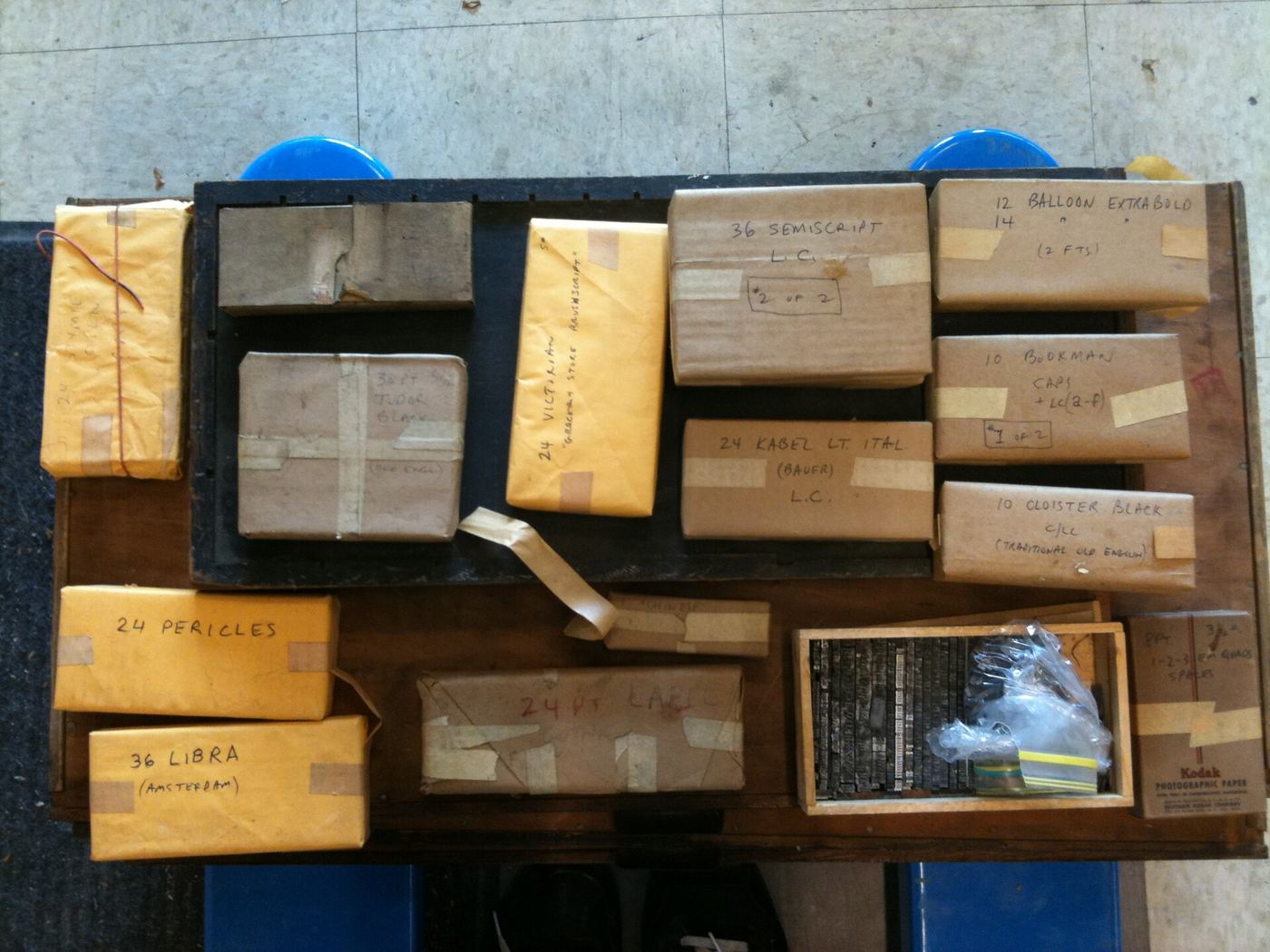 Paper-wrapped packages of letterpress type labelled by size on a bench