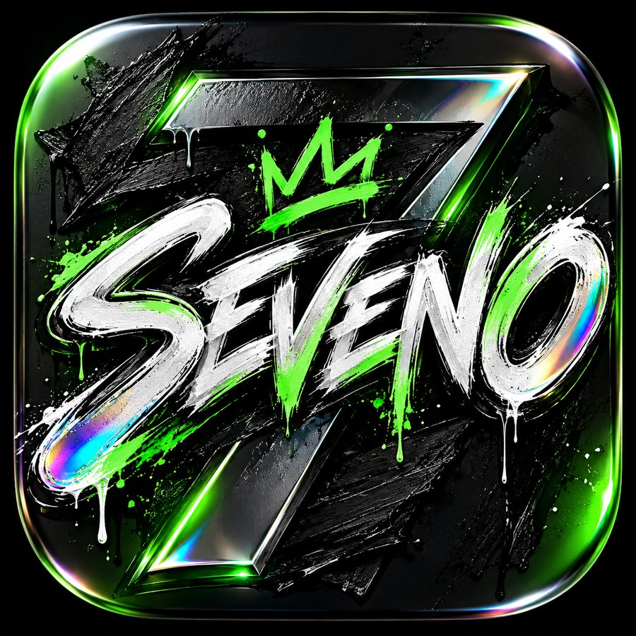 SEVENO graffiti logo: chrome script lettering with lime paint splatter, a spray-painted crown and a large chrome seven